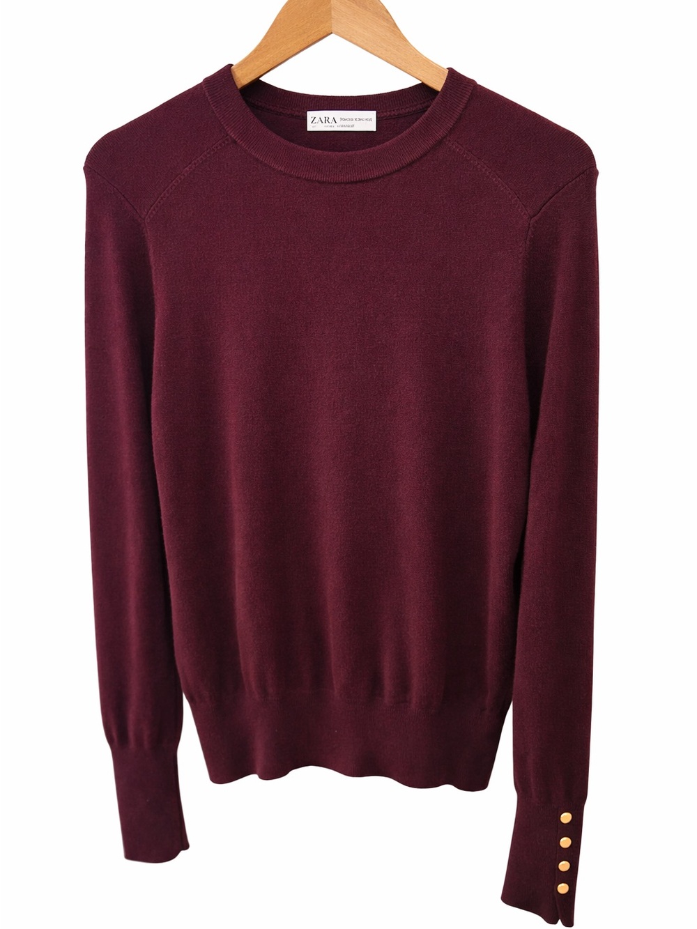 Zara Burgundy Fine Knit Sweater Gold Button Cuff Long Sleeve Size L